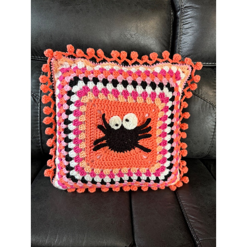 Handmade Crochet Spider Granny Square Pillow Orange Pink Black Pom Pom Trim
